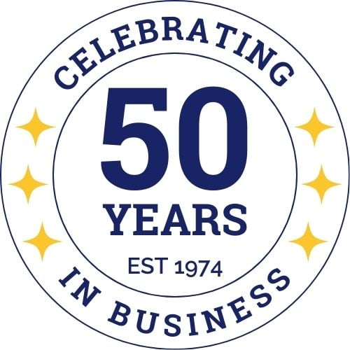 tilden roofing 50 year anniversary badge blue and yellow